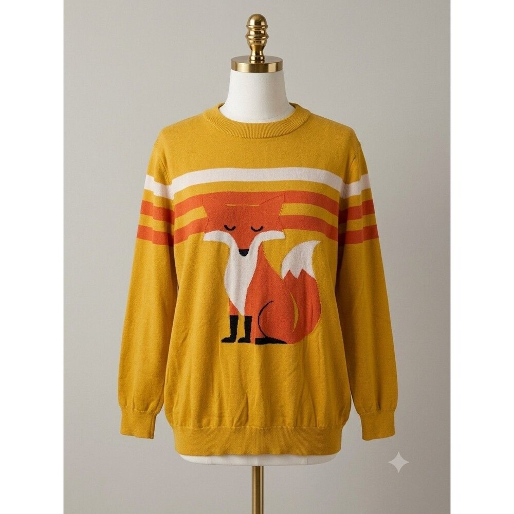 OXKNIT Retro Fox Graphic 100% Cotton Crewneck Pullover Sweater - L